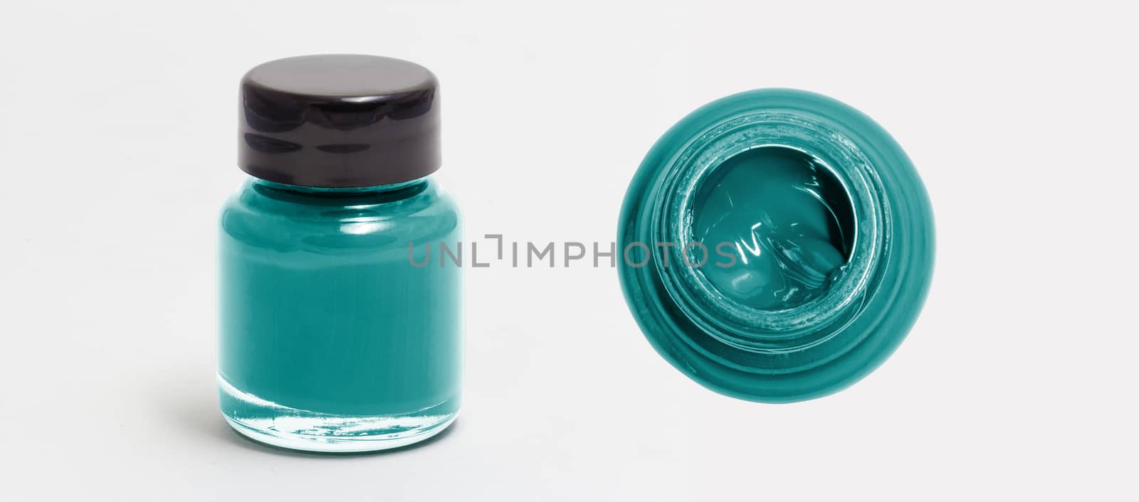 teal acrylic color bottle side and top view white isolated with  by chingraph