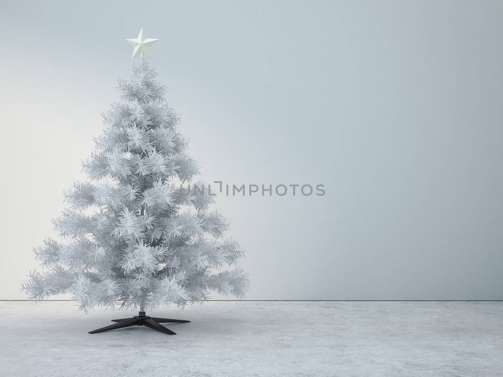 Decorated white christmas tree in white room by chingraph