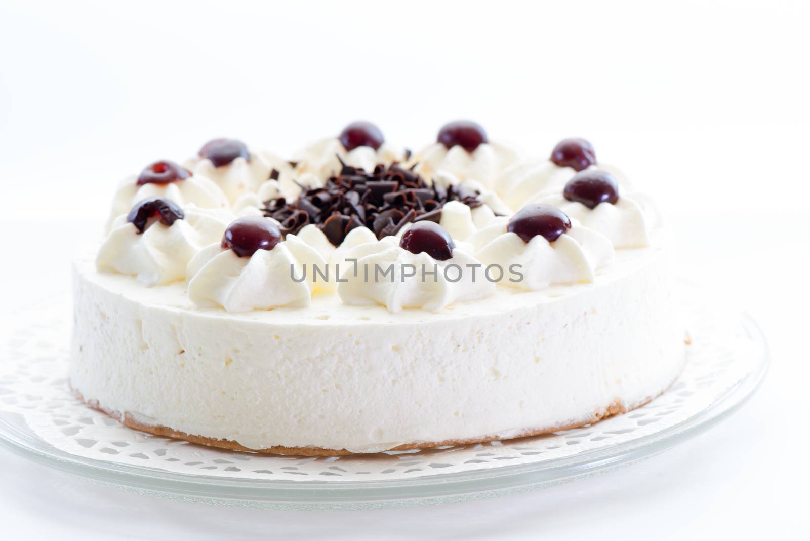 white black forest cake on white background