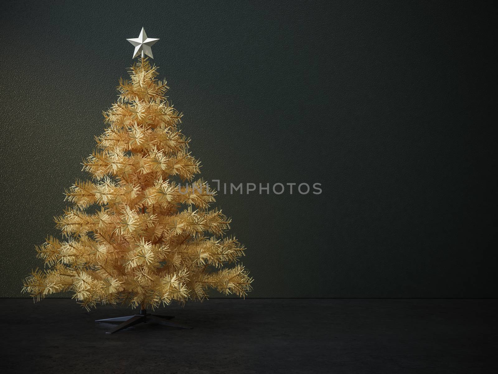 Decorated christmas tree in dark green room