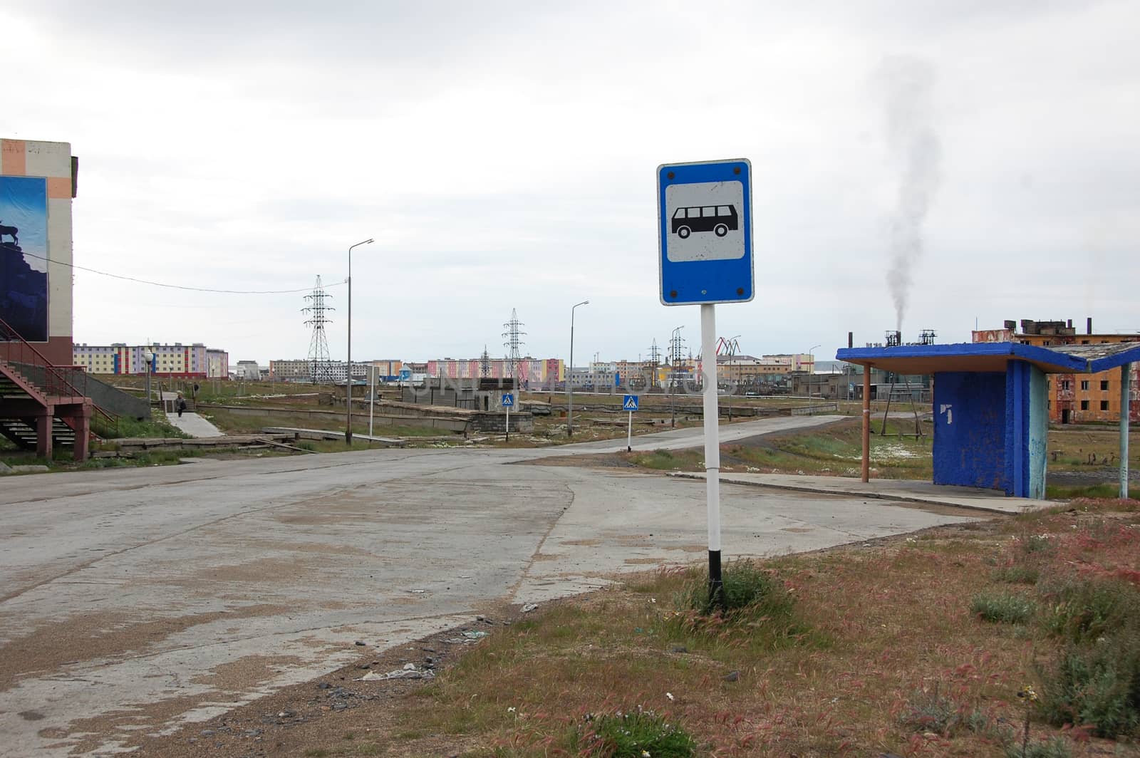 Bus stop at Arctic town Pevek, Chukotka, Russia