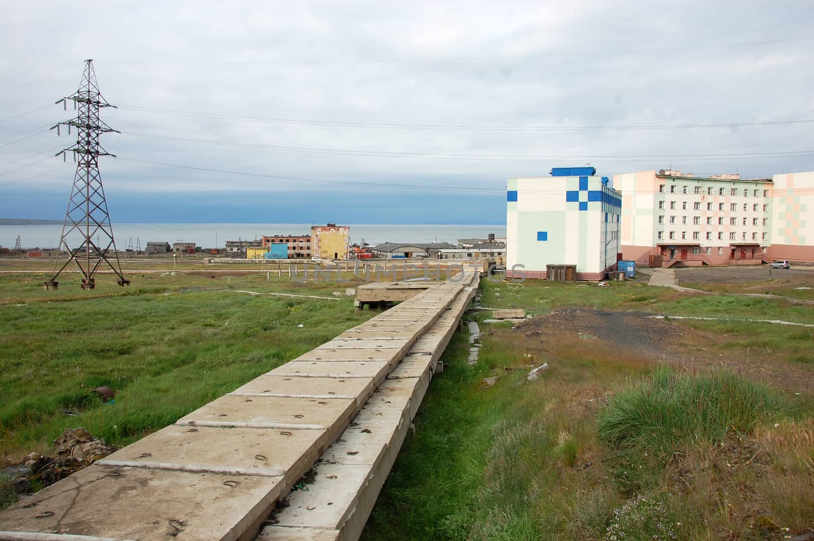 Water supply concrete collector Arctic town infrastructure, Pevek town, Chukotka, Russia