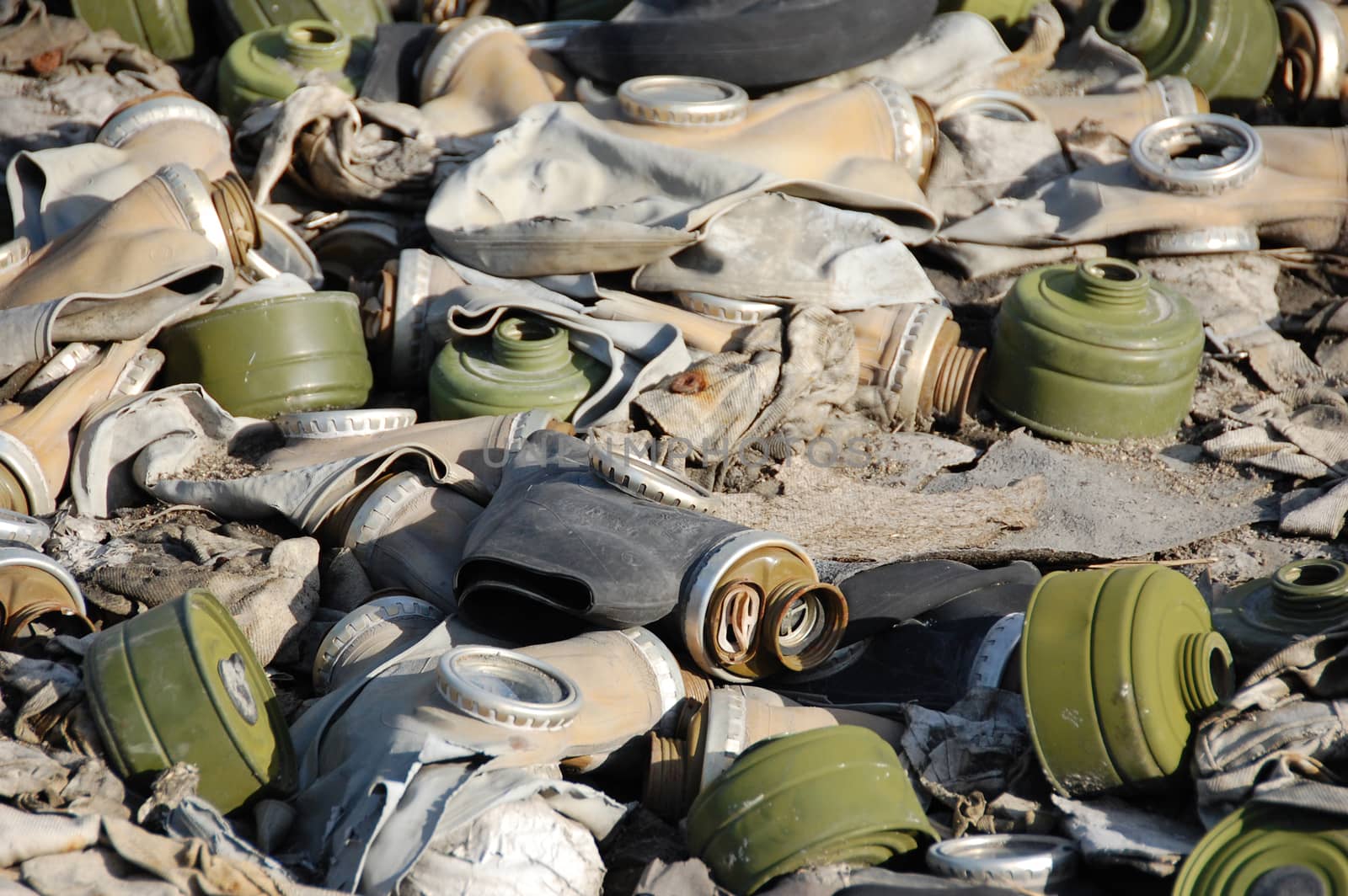 Old broken abandoned respirators at ground, Pevek town, Chukotka, Russia