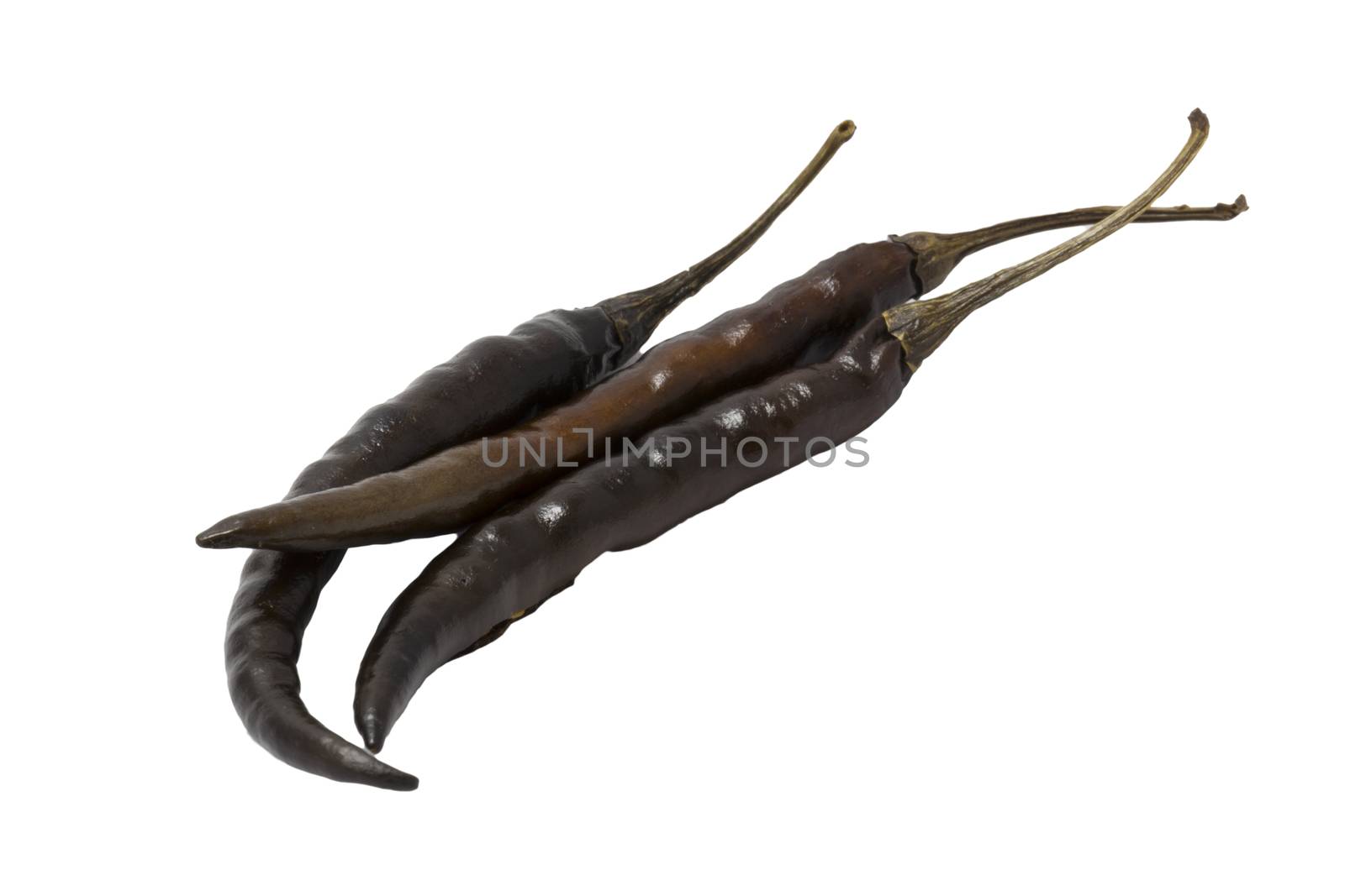 dried black chili peppers on white background