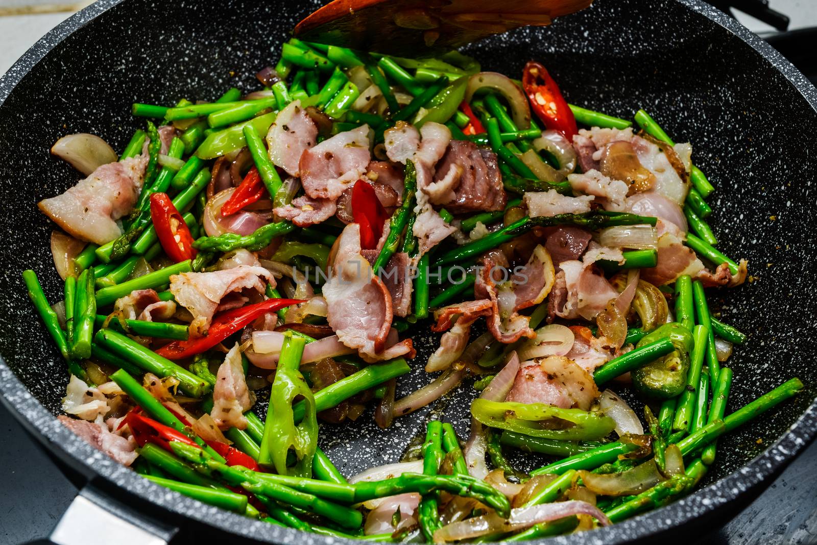 Asparagus bacon onion and chili, Ingredients for spaghetti in a pan