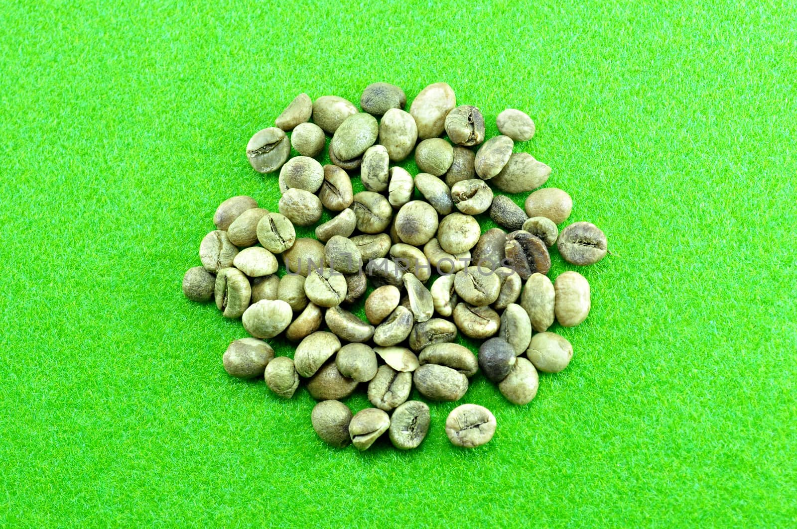 Raw coffee beans (unroasted) on green background