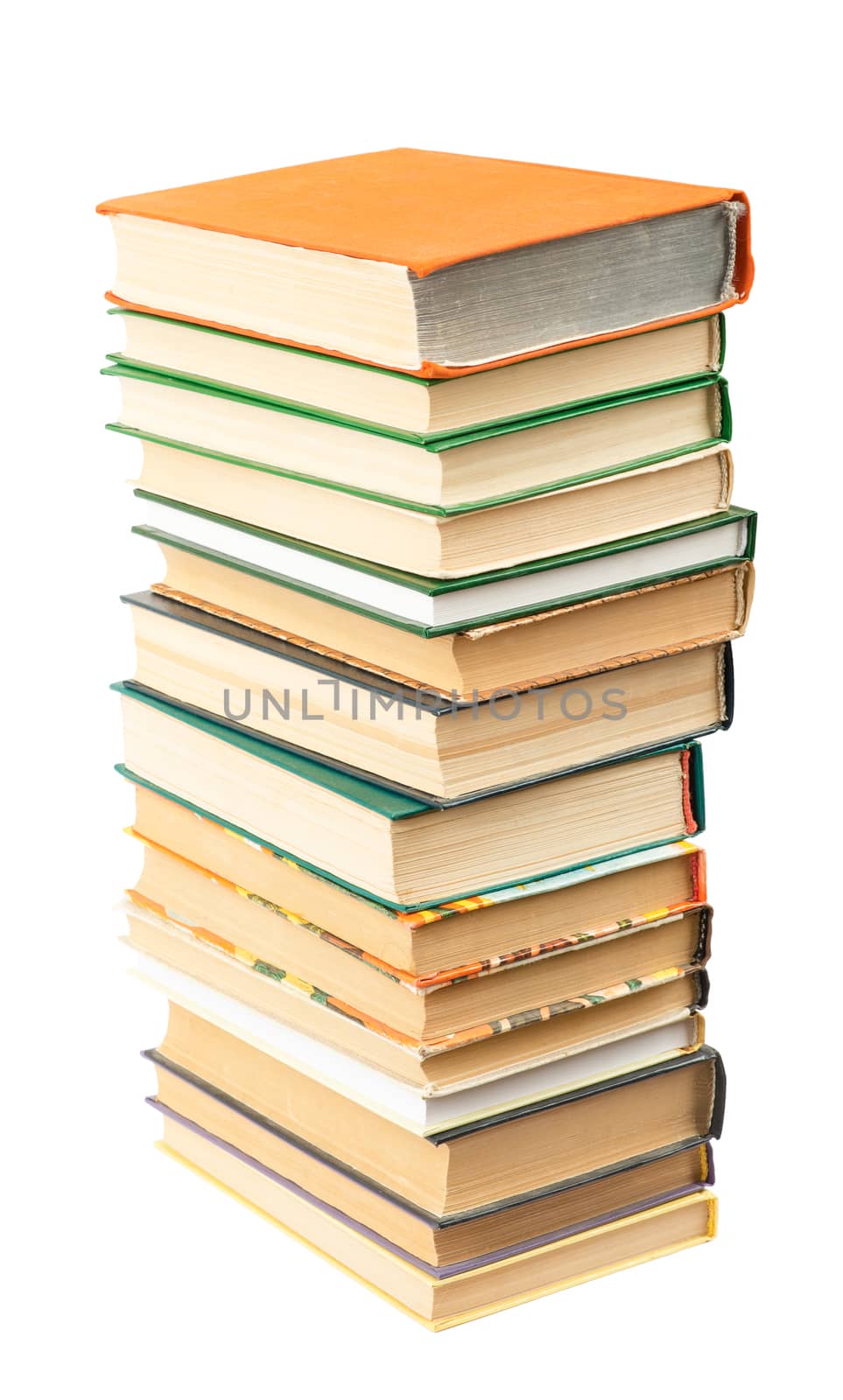 Pile of colorful books isolated on white background, close up view