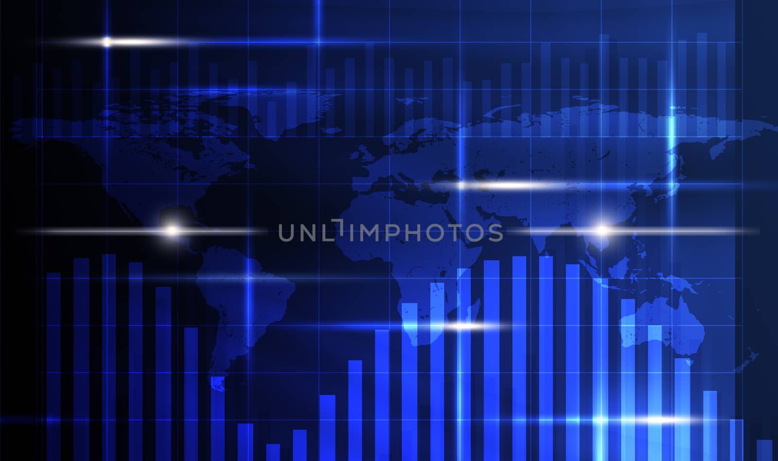 Abstract blue background with world map and lights