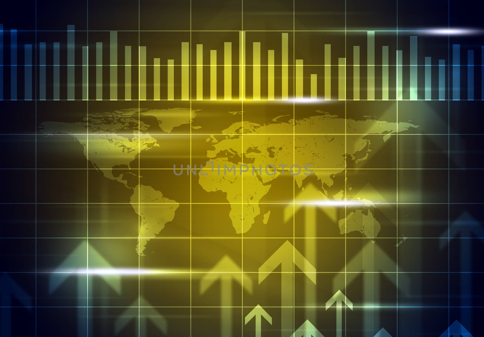 Abstract yellow background with world map and arrows