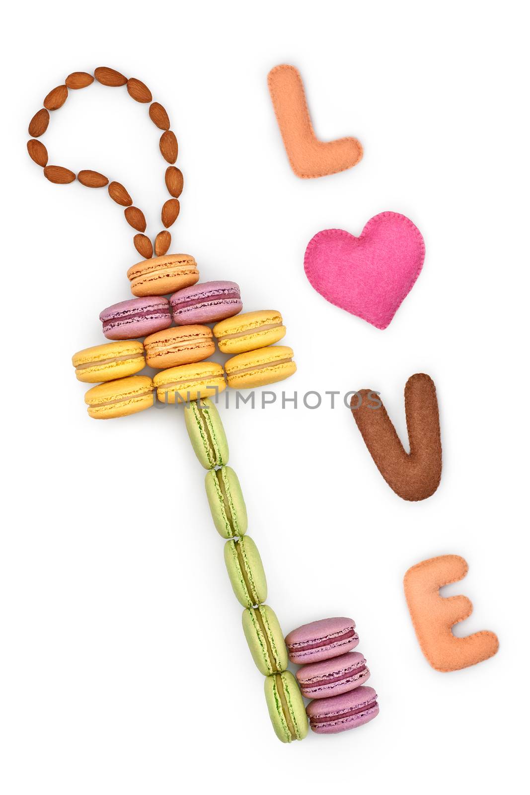 Macarons, key shape, Word Love, heart. Isolated by 918