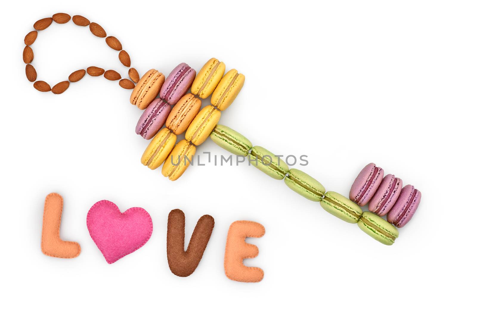Macarons, key shape, Word Love, heart. Isolated by 918
