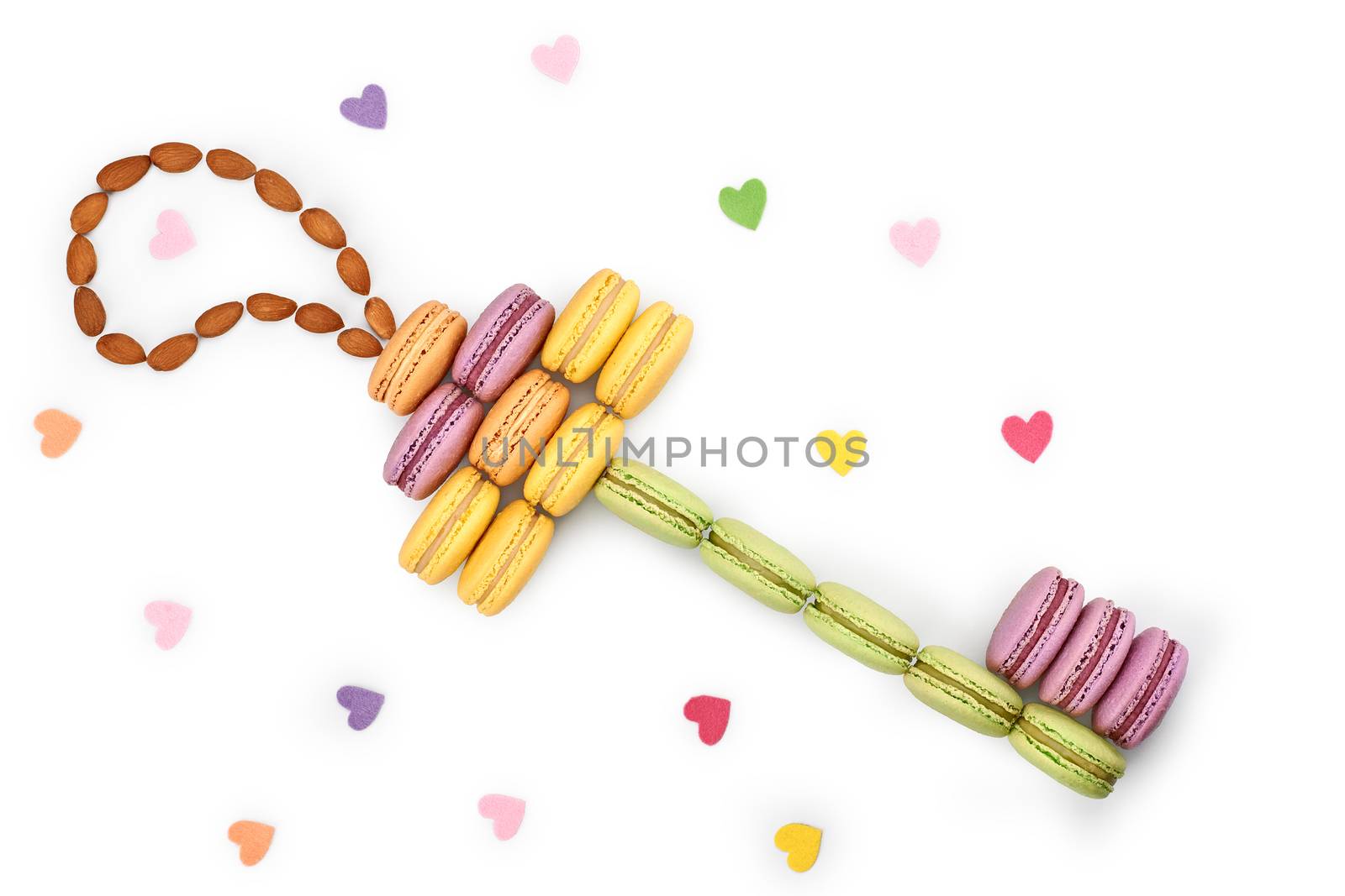 Macarons, key shape. Love, colorful hearts. Isolated by 918