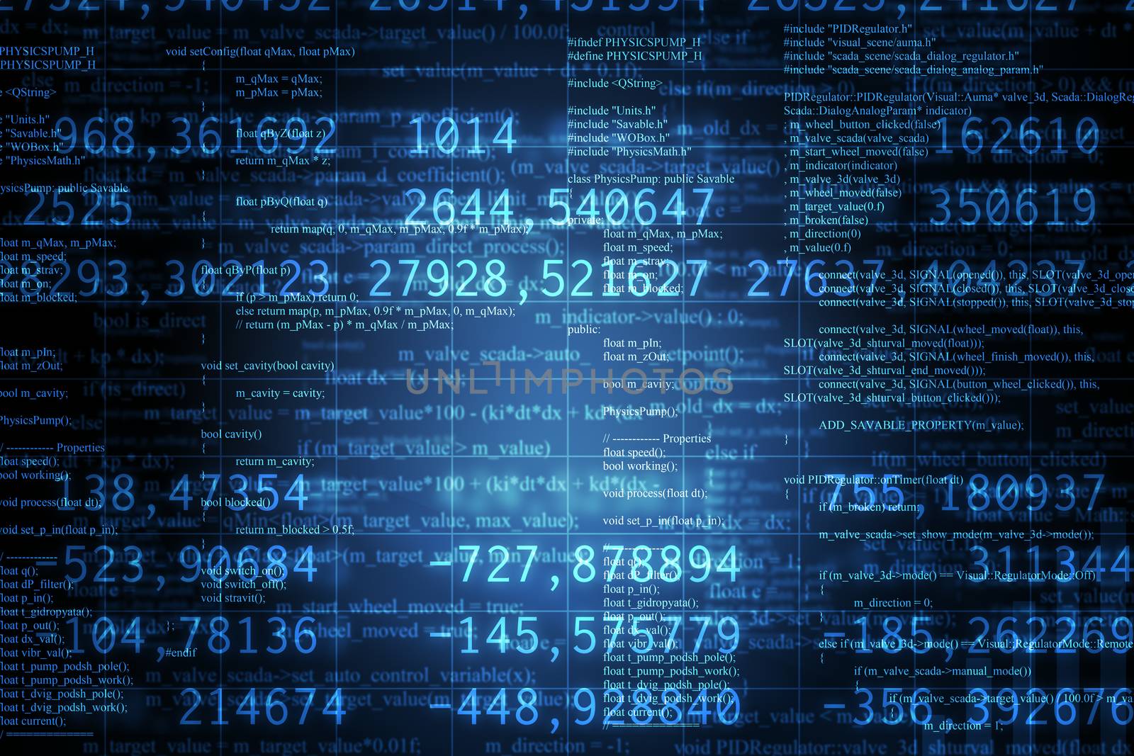 Abstract blue background with numbers and matrix