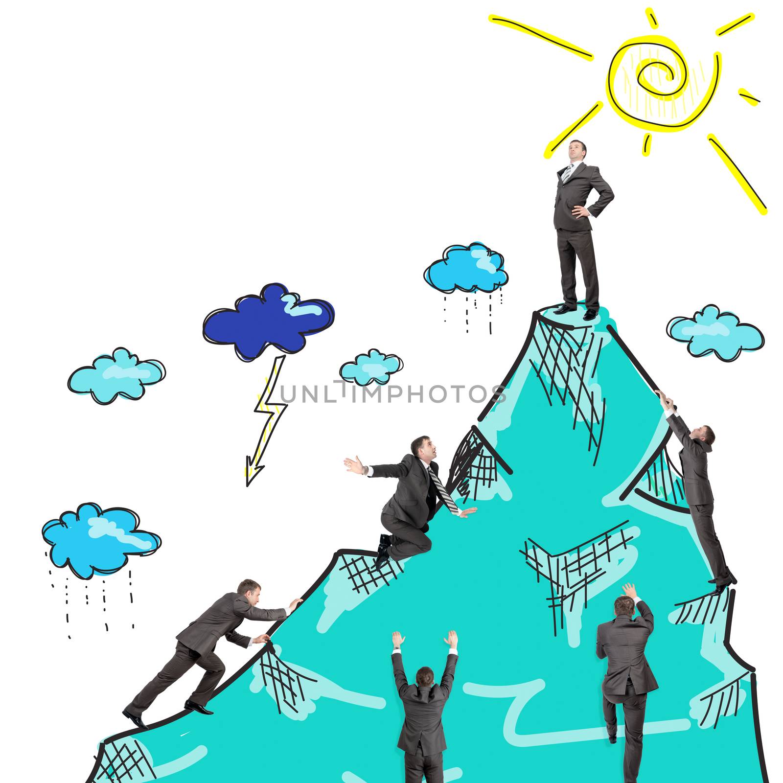 Set of businessmen climbing drawn iceberg with sun and clouds