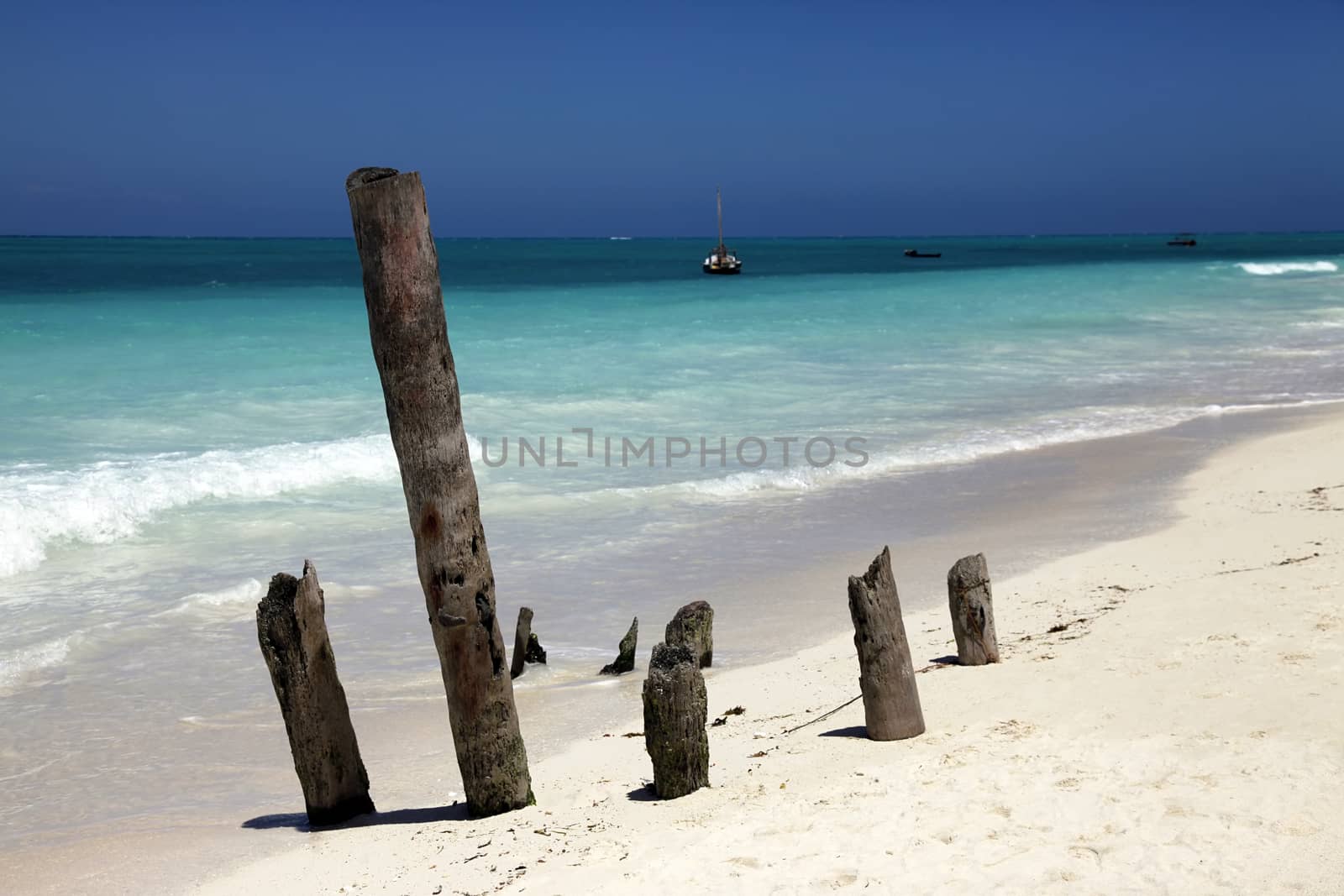 Exoric sail boat in the sea beside the beach with clear blue sky and white sand