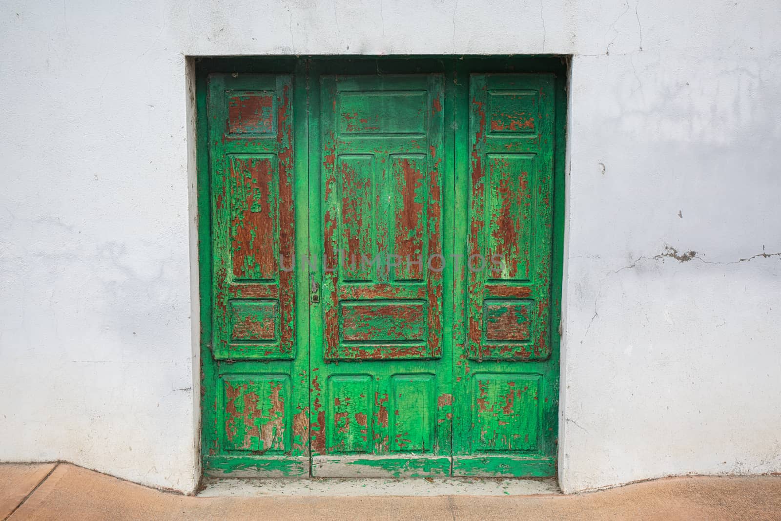 Old rustic wooden door painted in green 