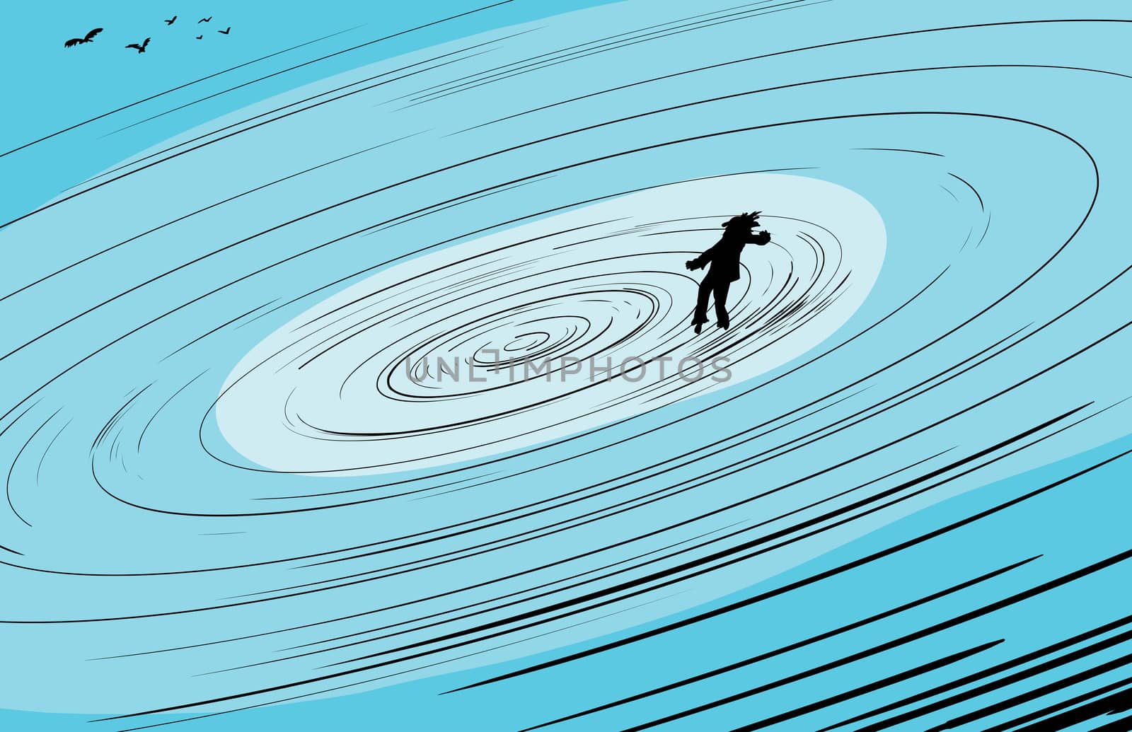 Single person floating toward center of spinning whirlpool with flock of birds nearby