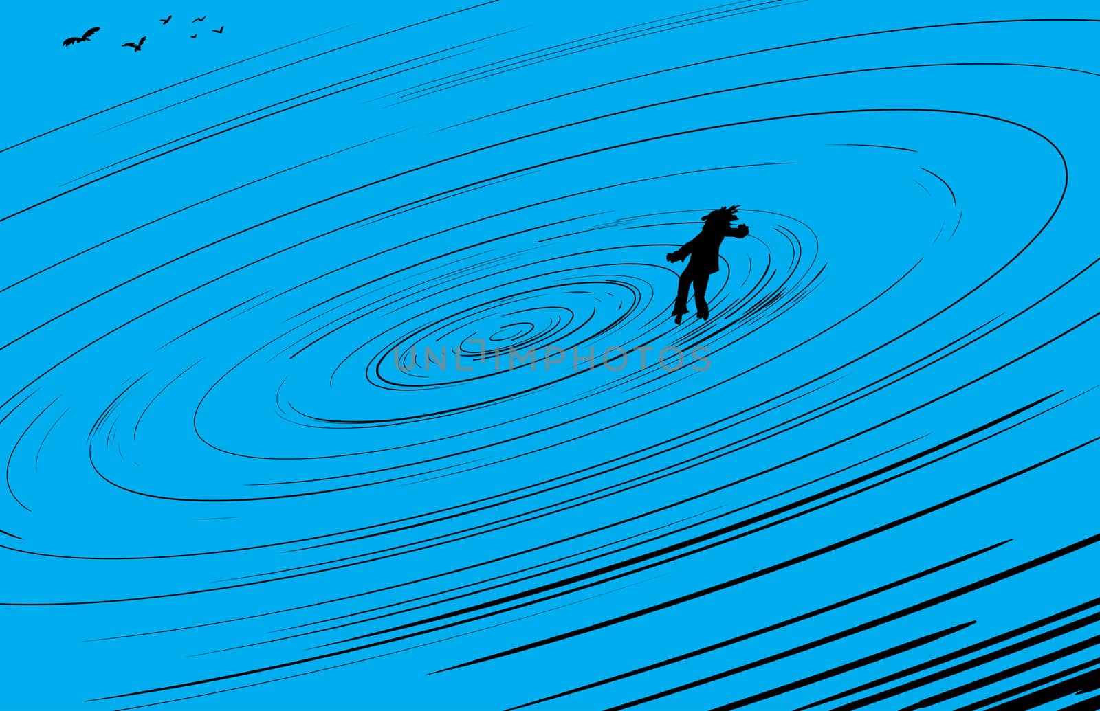 Single person floating in center of blue vortex  with flock of birds nearby