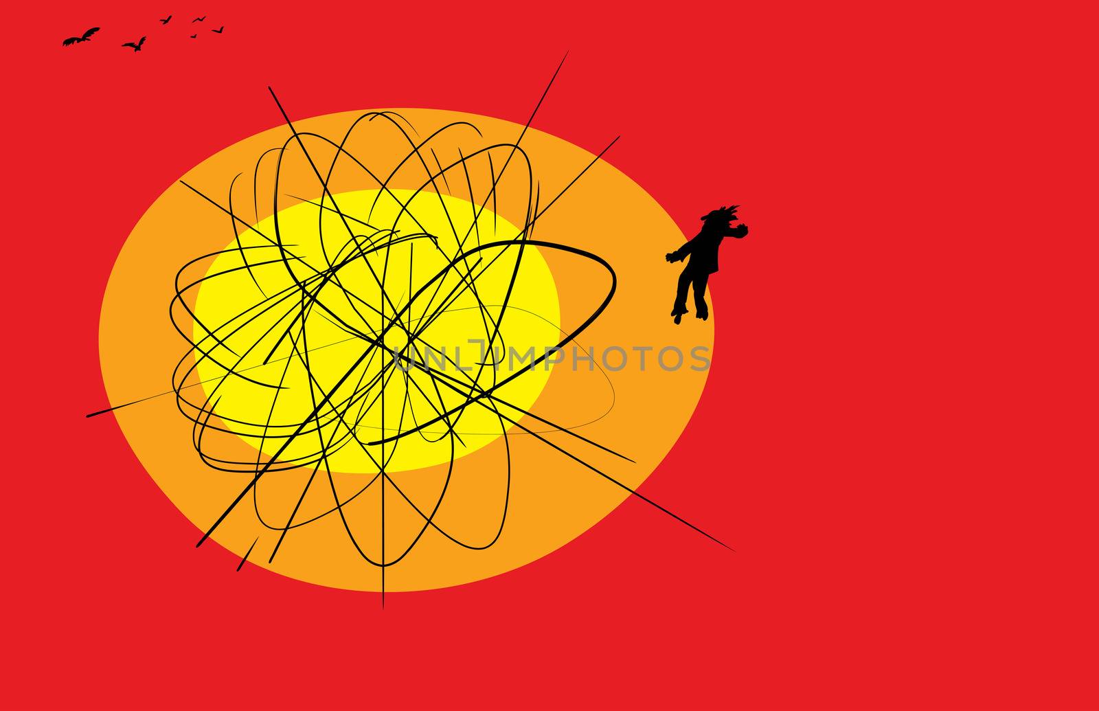 Atomic explosion scribble with copy space with person and group of birds over red