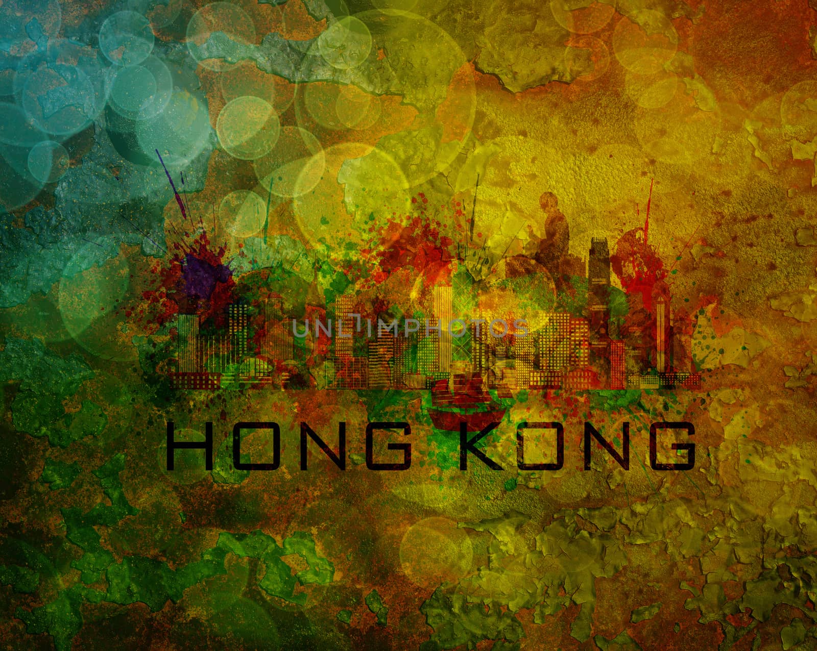 Hong Kong City Skyline with Paint Splatter Abstract onn Grunge Texture Background Color Illustration