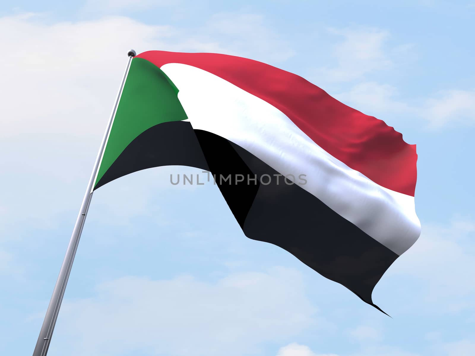 Sudan flag flying on clear sky. by chingraph