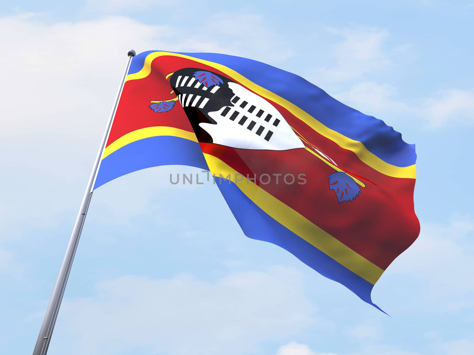 Swaziland flag flying on clear sky.