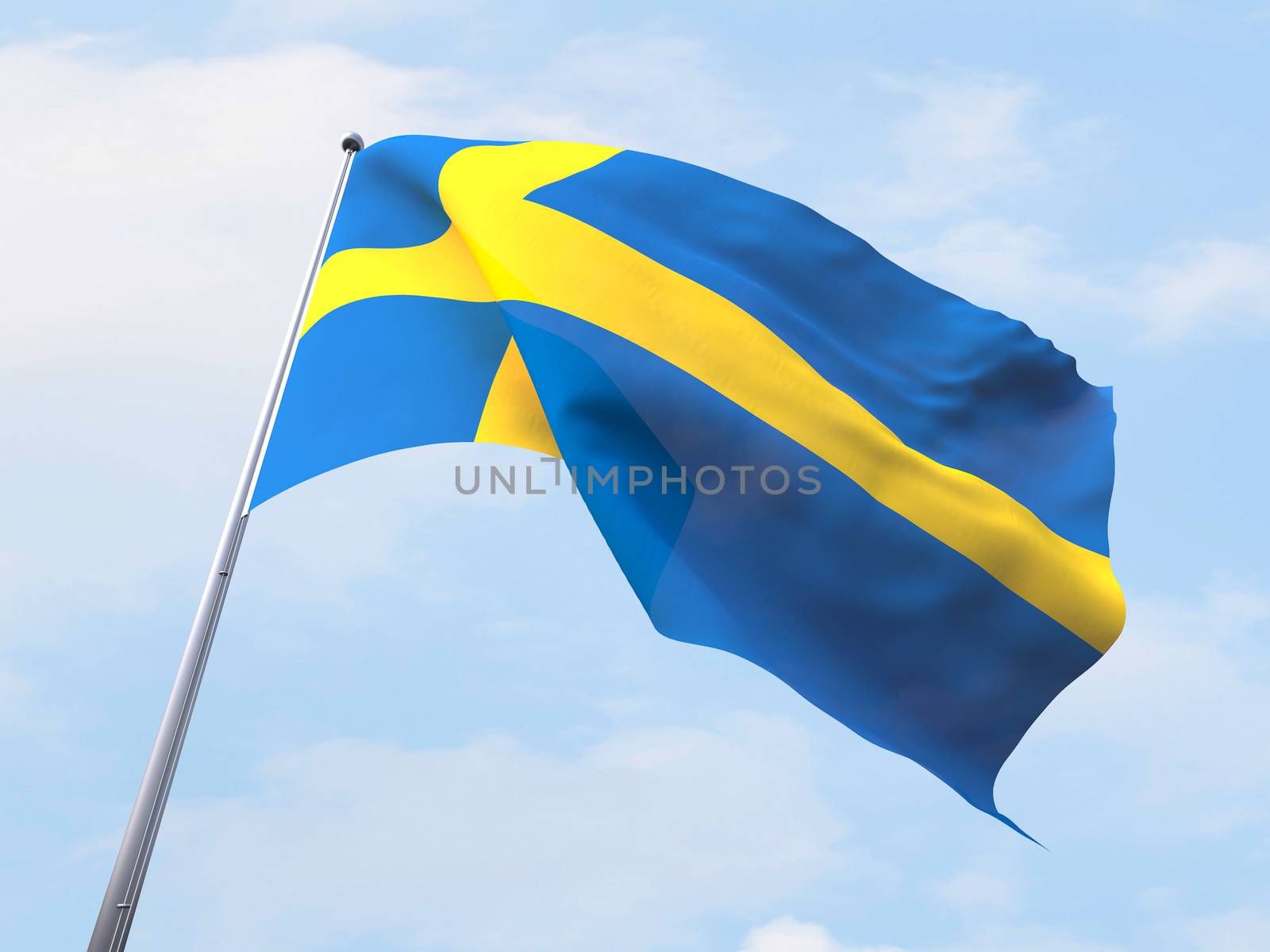 Sweden flag flying on clear sky. by chingraph