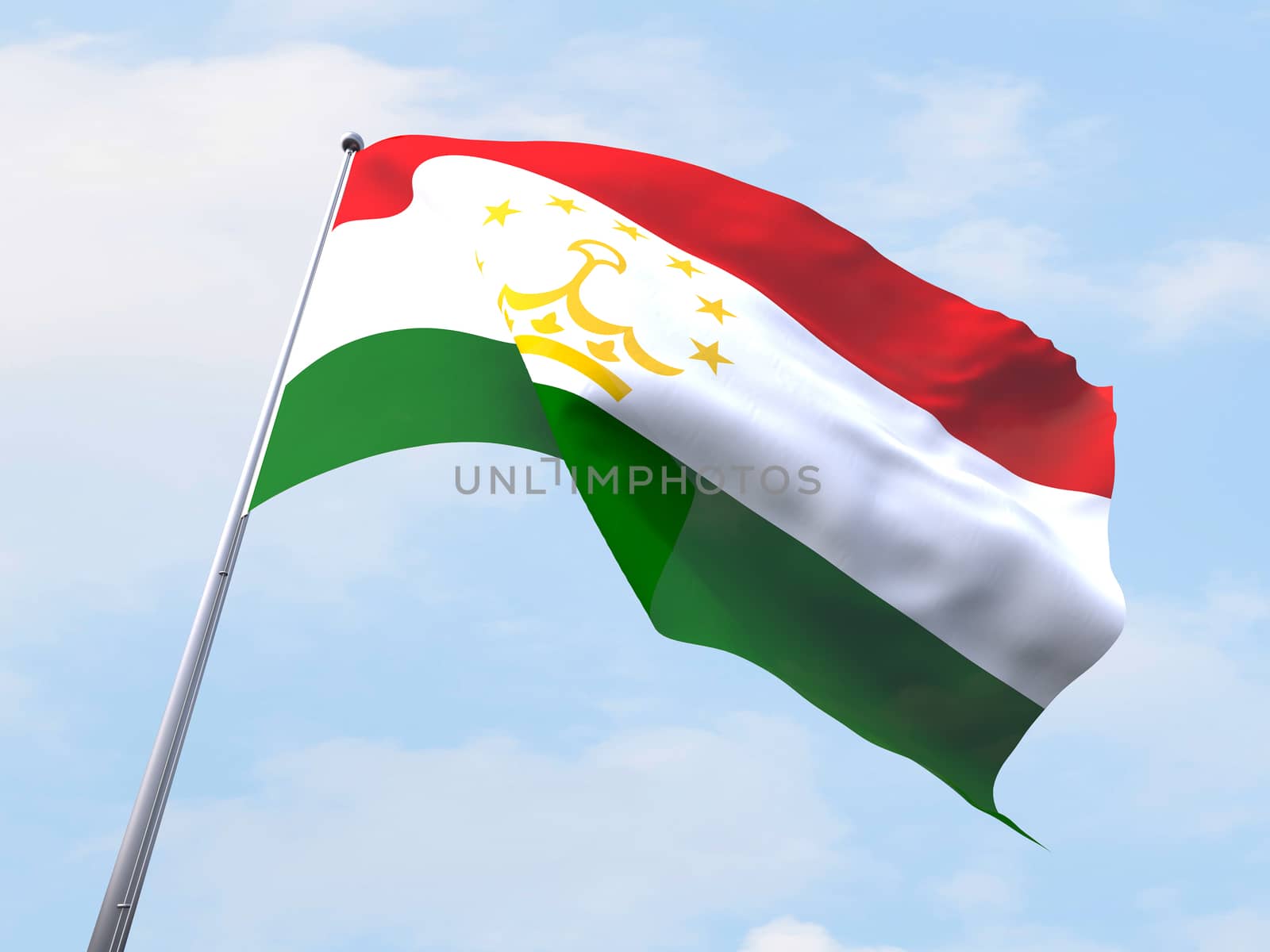 Tajikistan flag flying on clear sky.