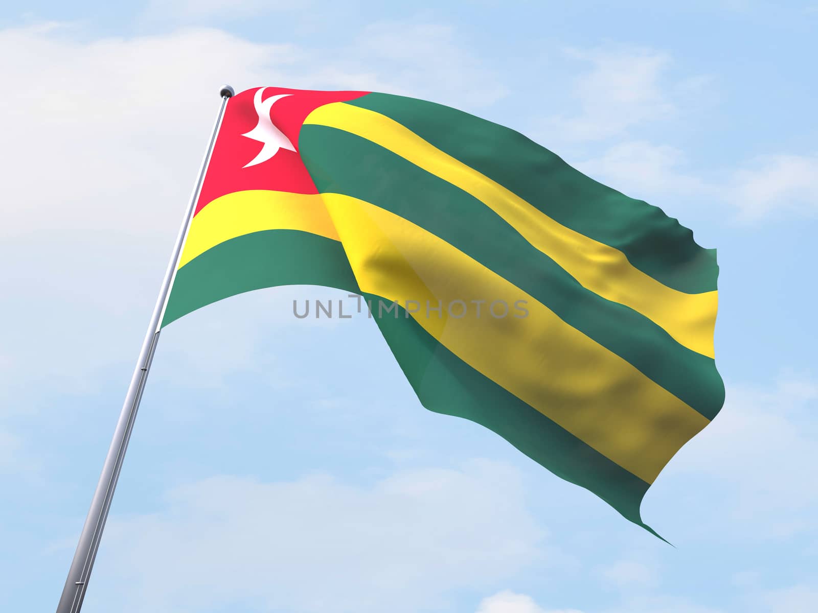 Togo flag flying on clear sky. by chingraph