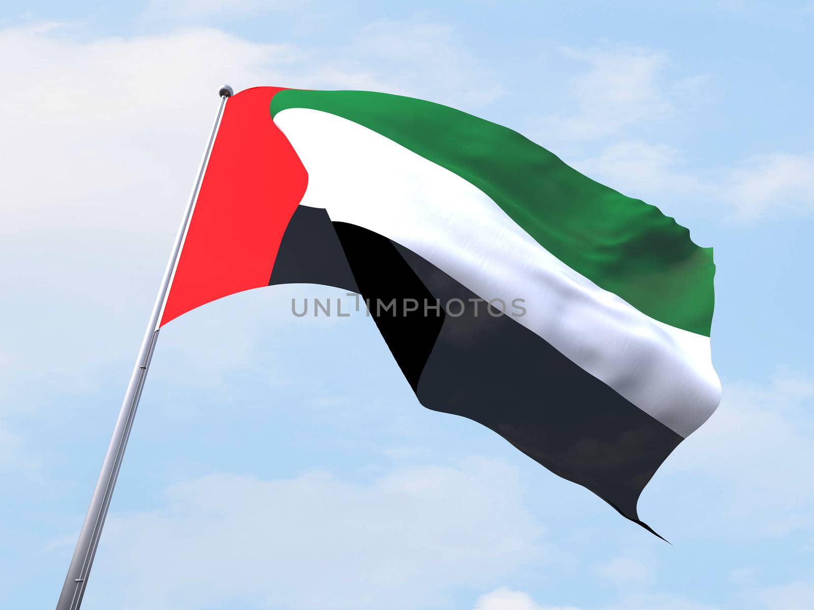 United Arab Emirated flag flying on clear sky.