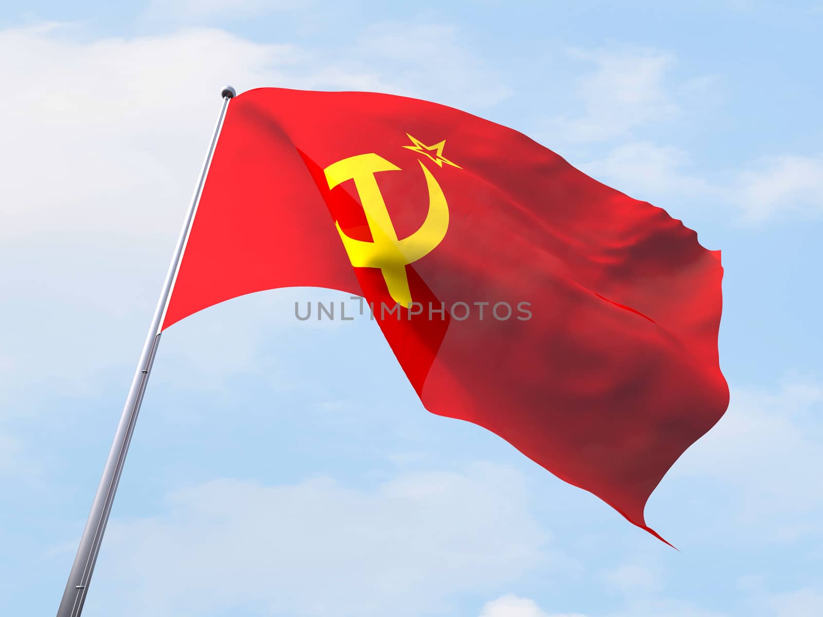 USSR flag flying on clear sky.