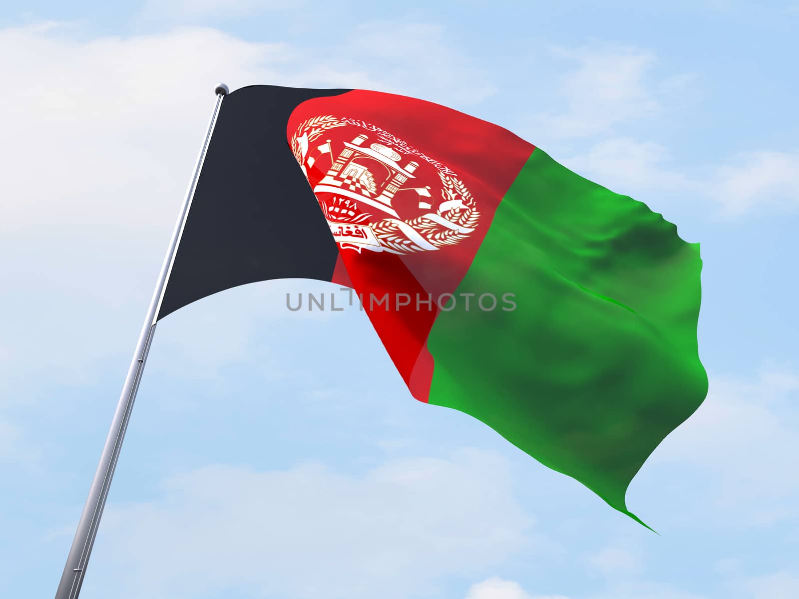 Afghanistan flag flying on clear sky.