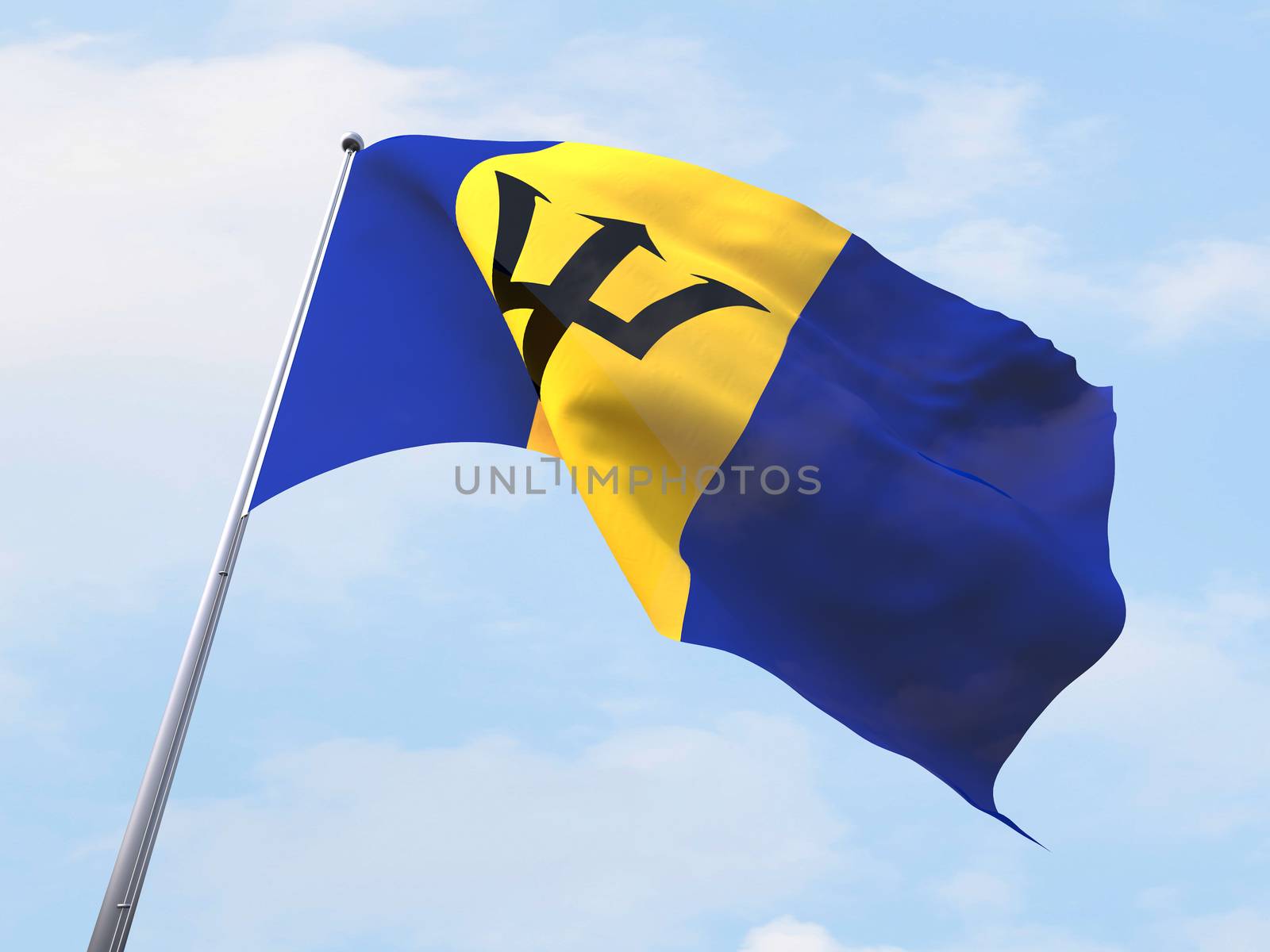 Barbados flag flying on clear sky.