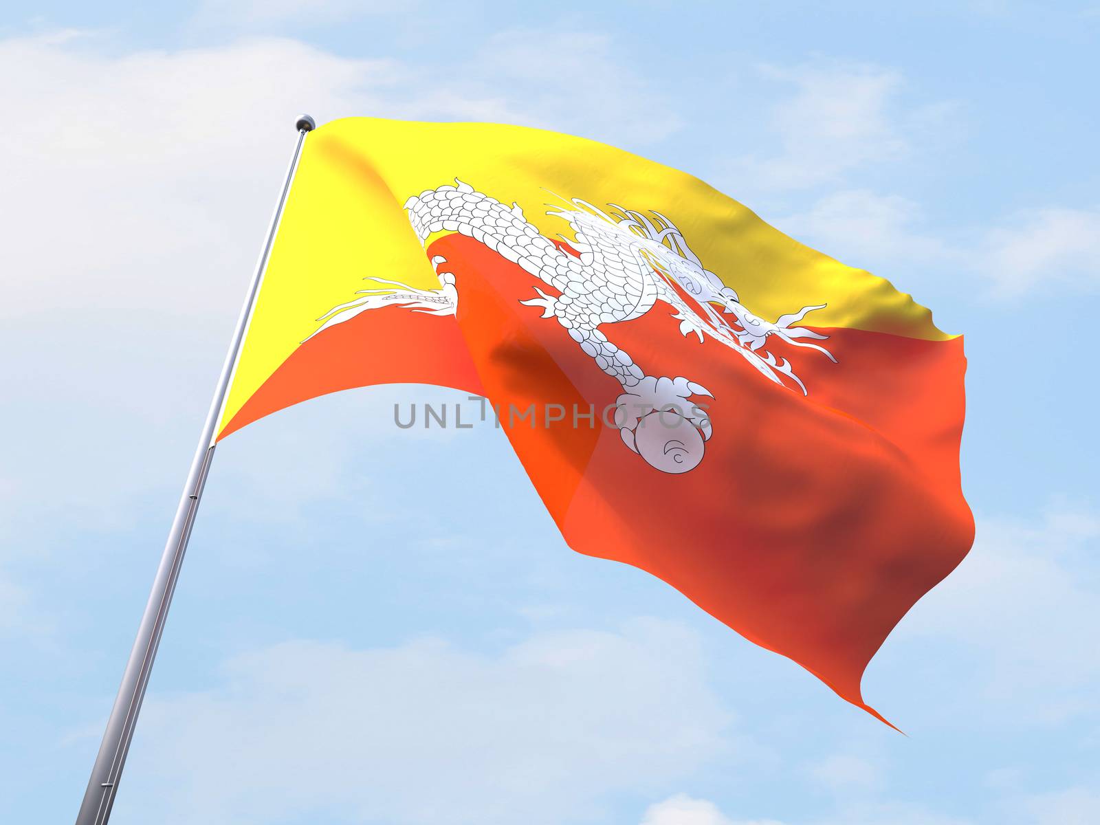 Bhutan flag flying on clear sky.