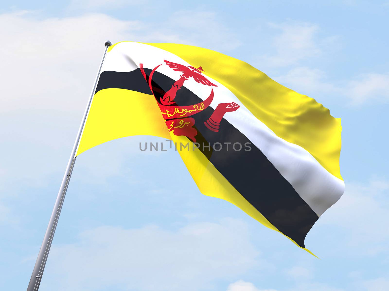 Brunei flag flying on clear sky.