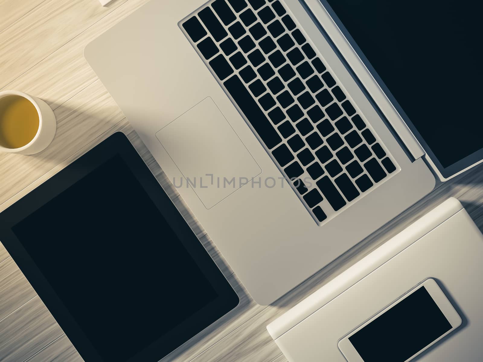 High angle view of a setting table of business workplace, shot in office, home work space