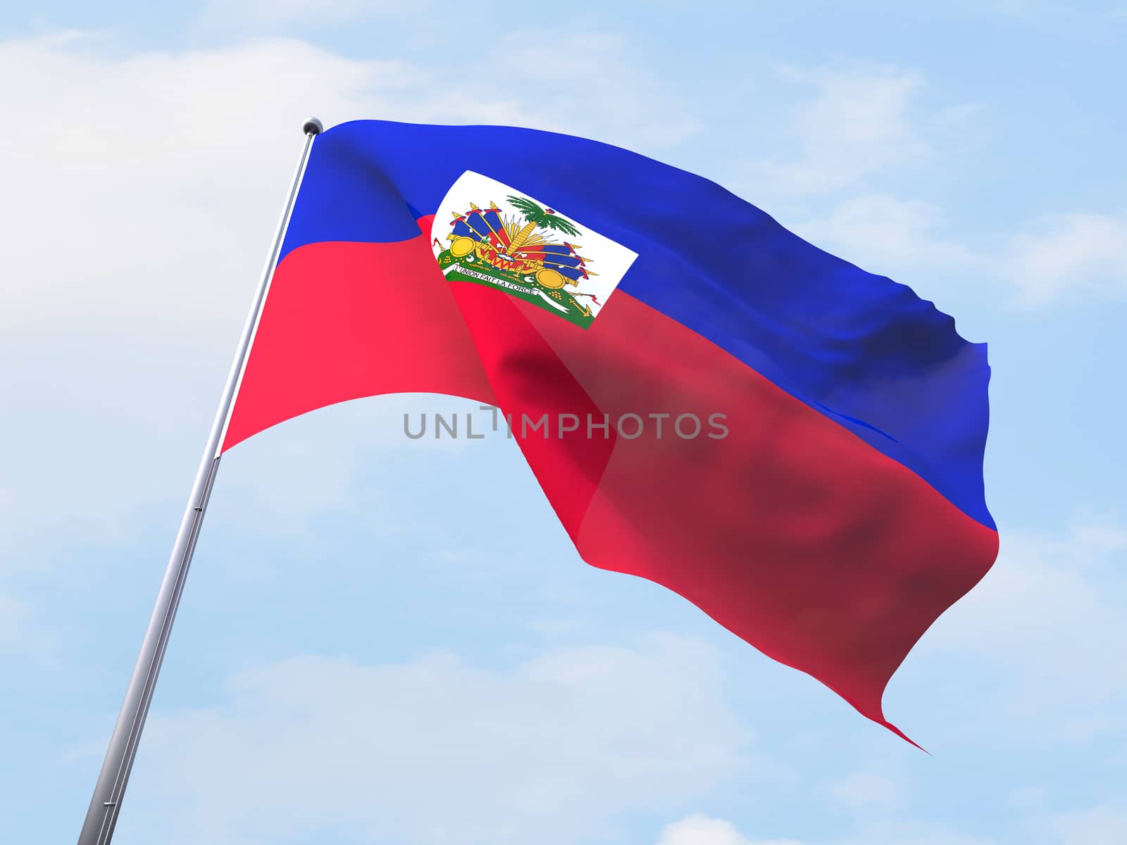 Haiti flag flying on clear sky.