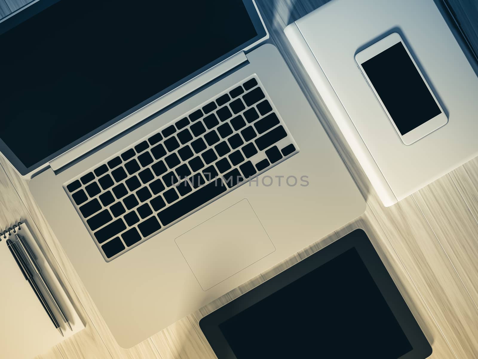 High angle view of a setting table of business workplace, shot in office, home work space