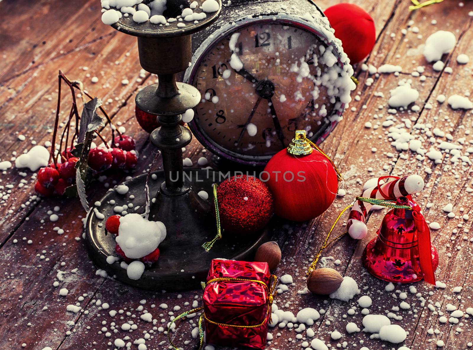 Christmas composition with vintage alarm clock and Christmas decorations