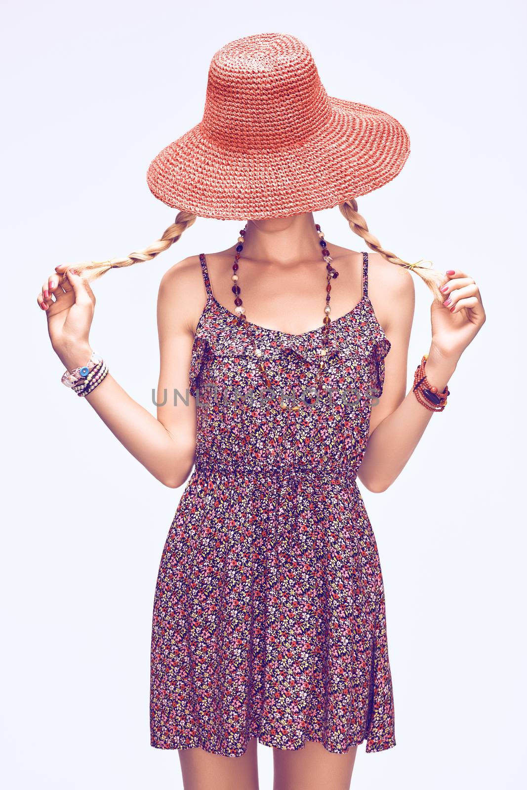 Hippie boho woman in hat. Beauty young playful positive blonde, pigtails, ethnic accessories relax, having fun. Floral sundress, romantic style. Attractive loving girl. Unusual creative,people