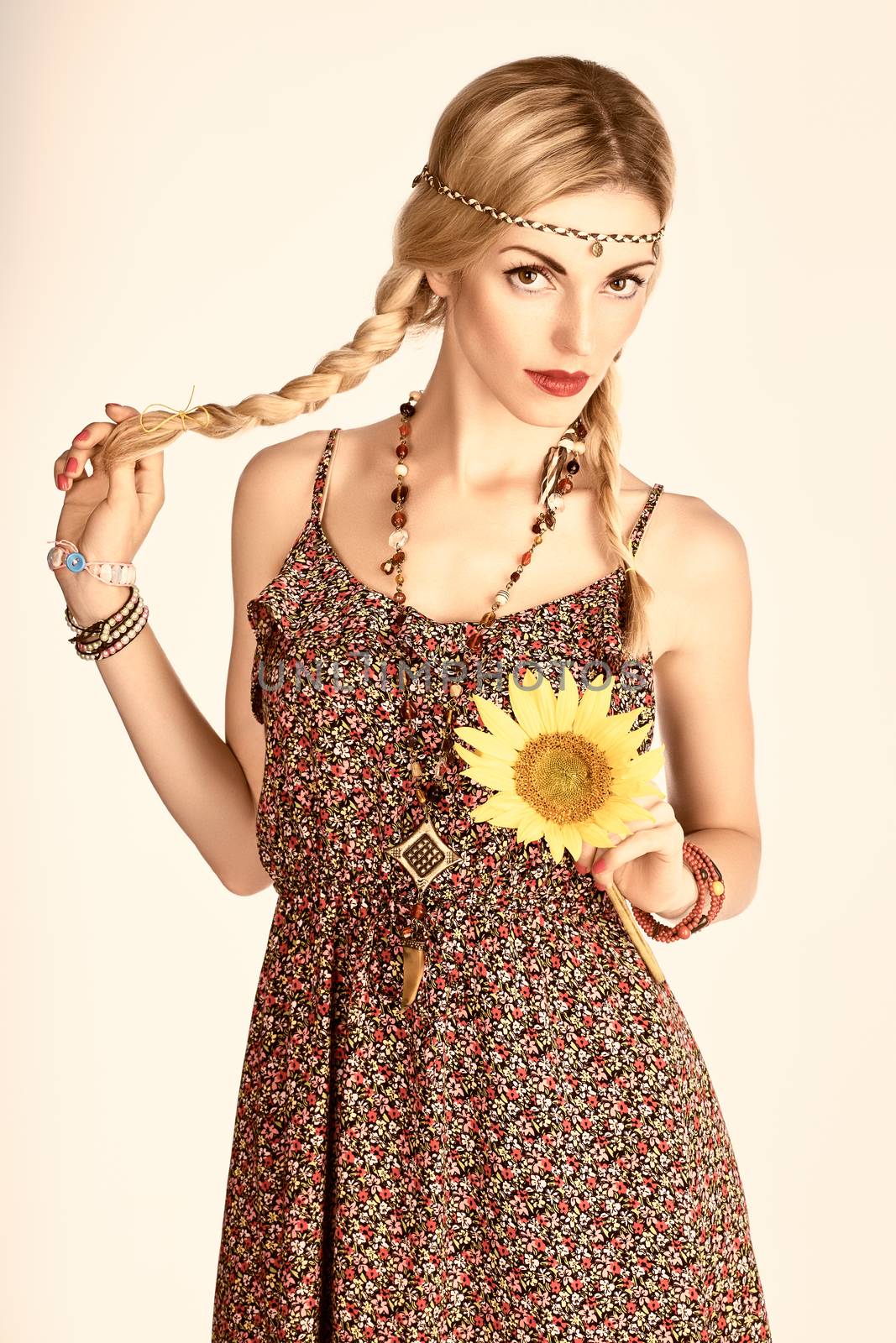 Hippie boho woman with sunflower. Romantic style by 918