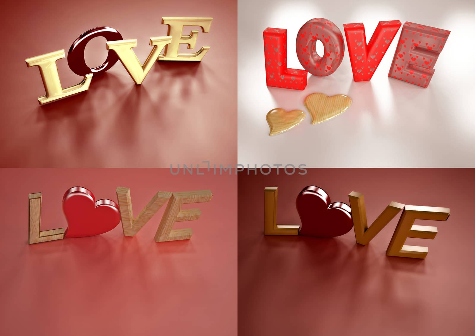Set of pictures dimensional inscription of LOVE and heart near it.