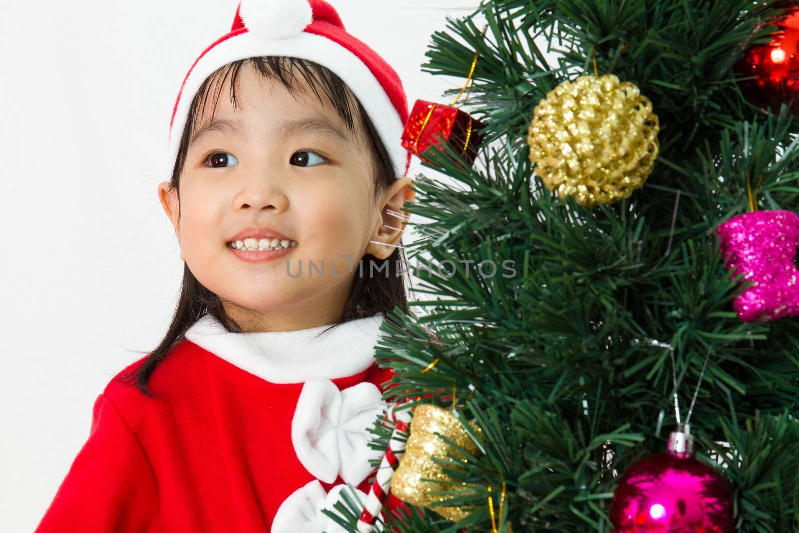 Asian Chinese little girl posing with Christmas Tree on plain white background studio.