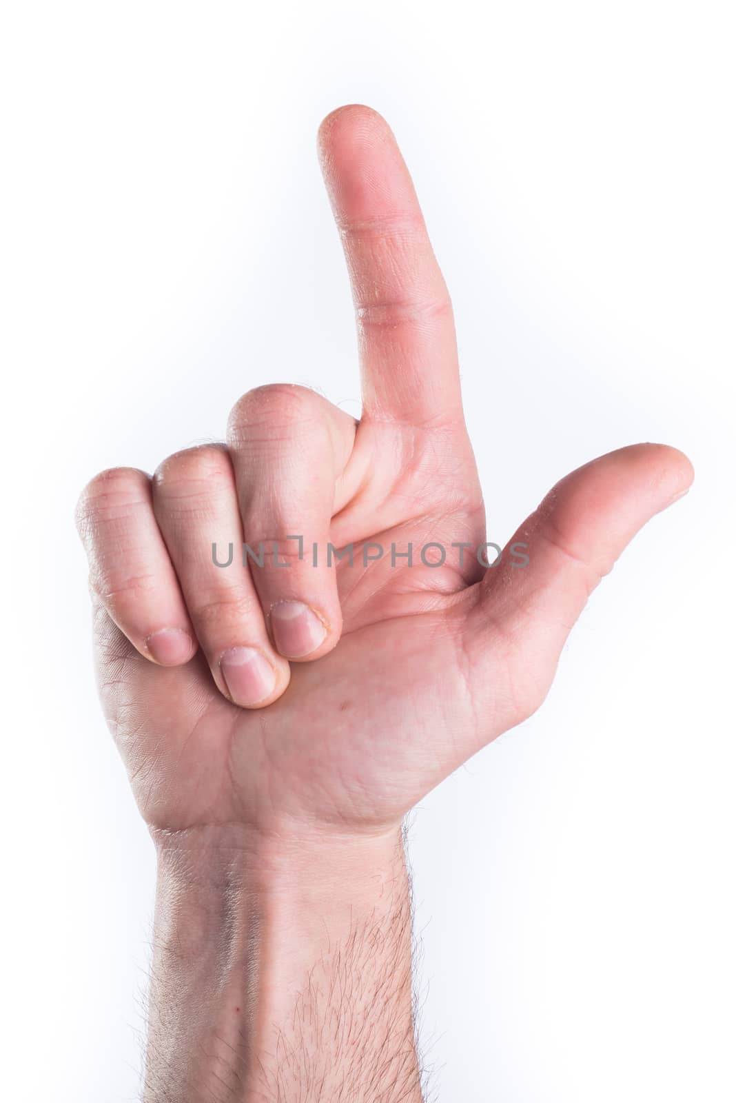 Man's hand miming gun on white background