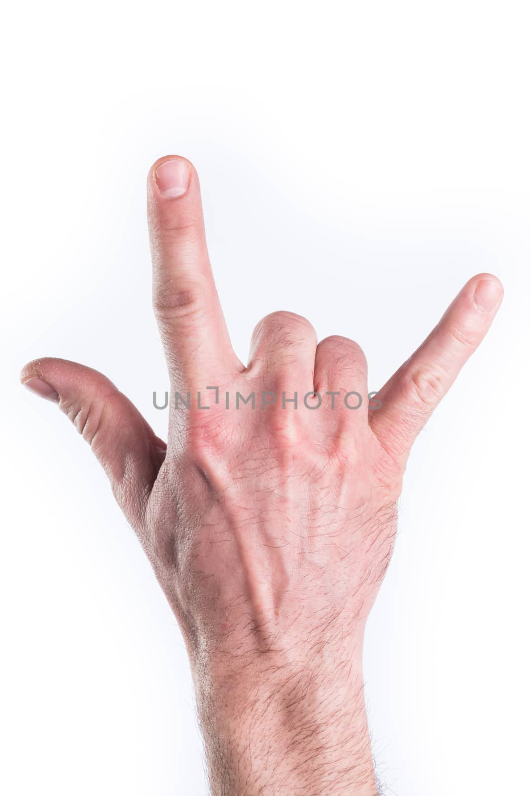 Man's hand miming horns on white background