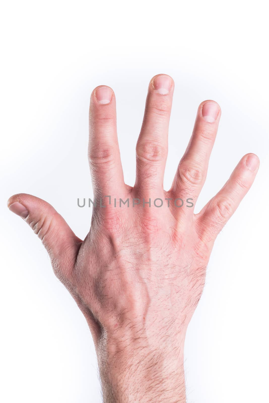 Man's hand mimic numbers on white background