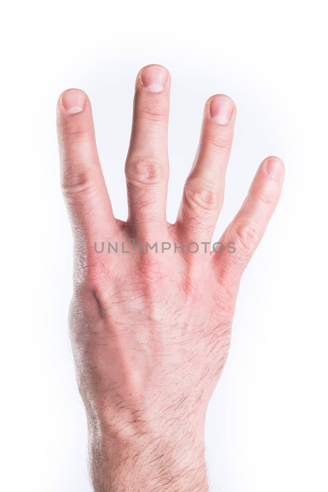 Man's hand mimic numbers on white background