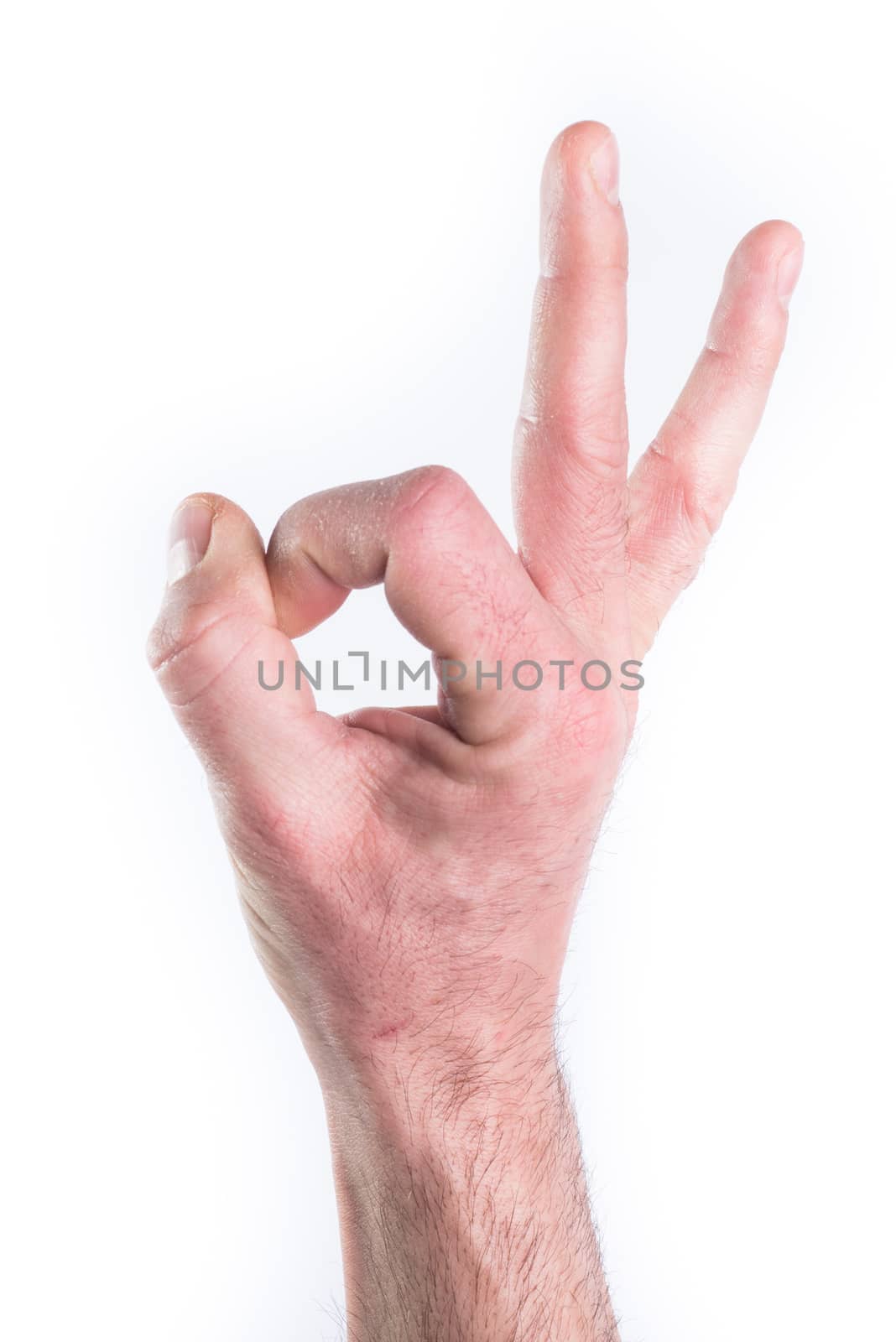 Man's hand miming OK on white background