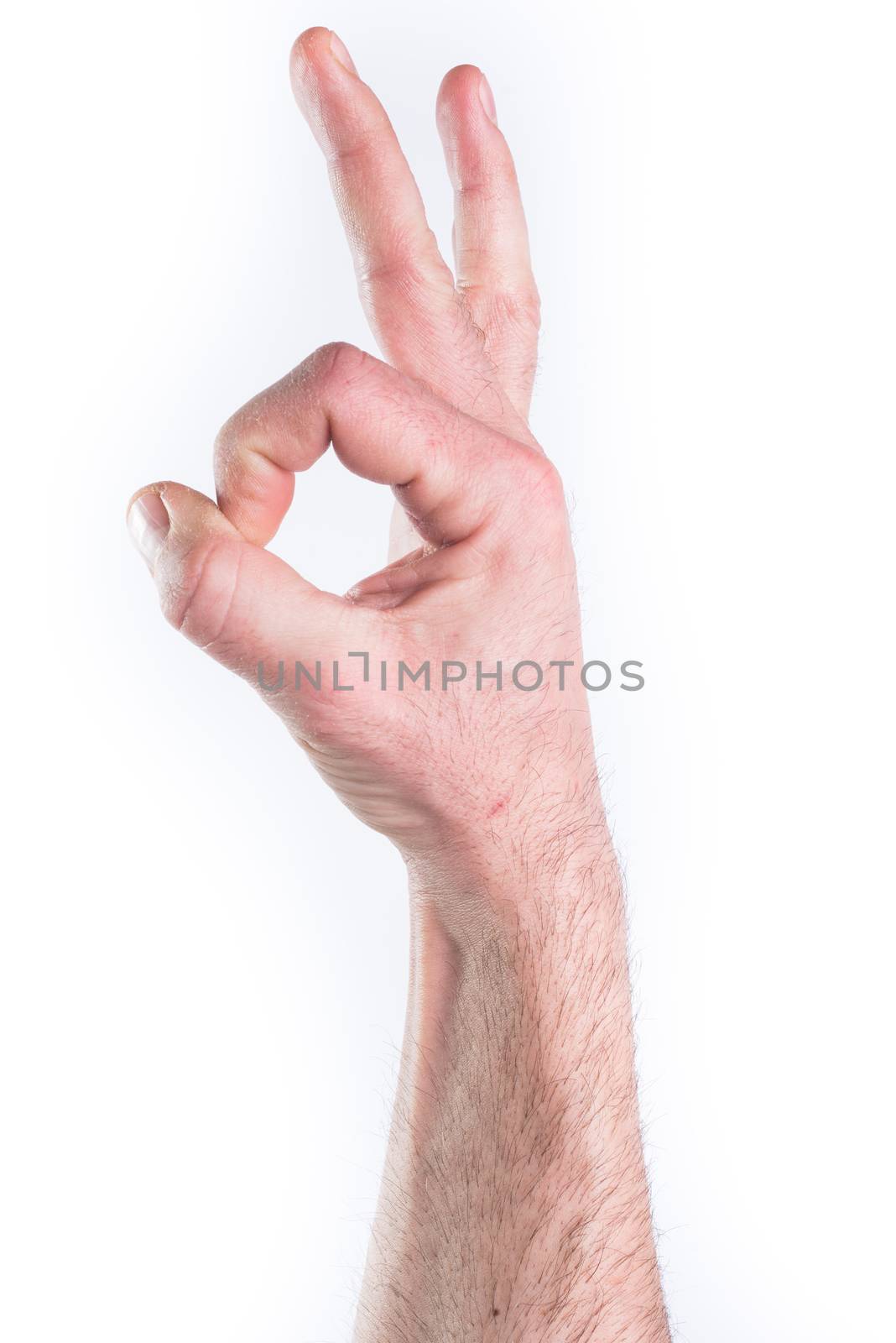 Man's hand miming OK on white background