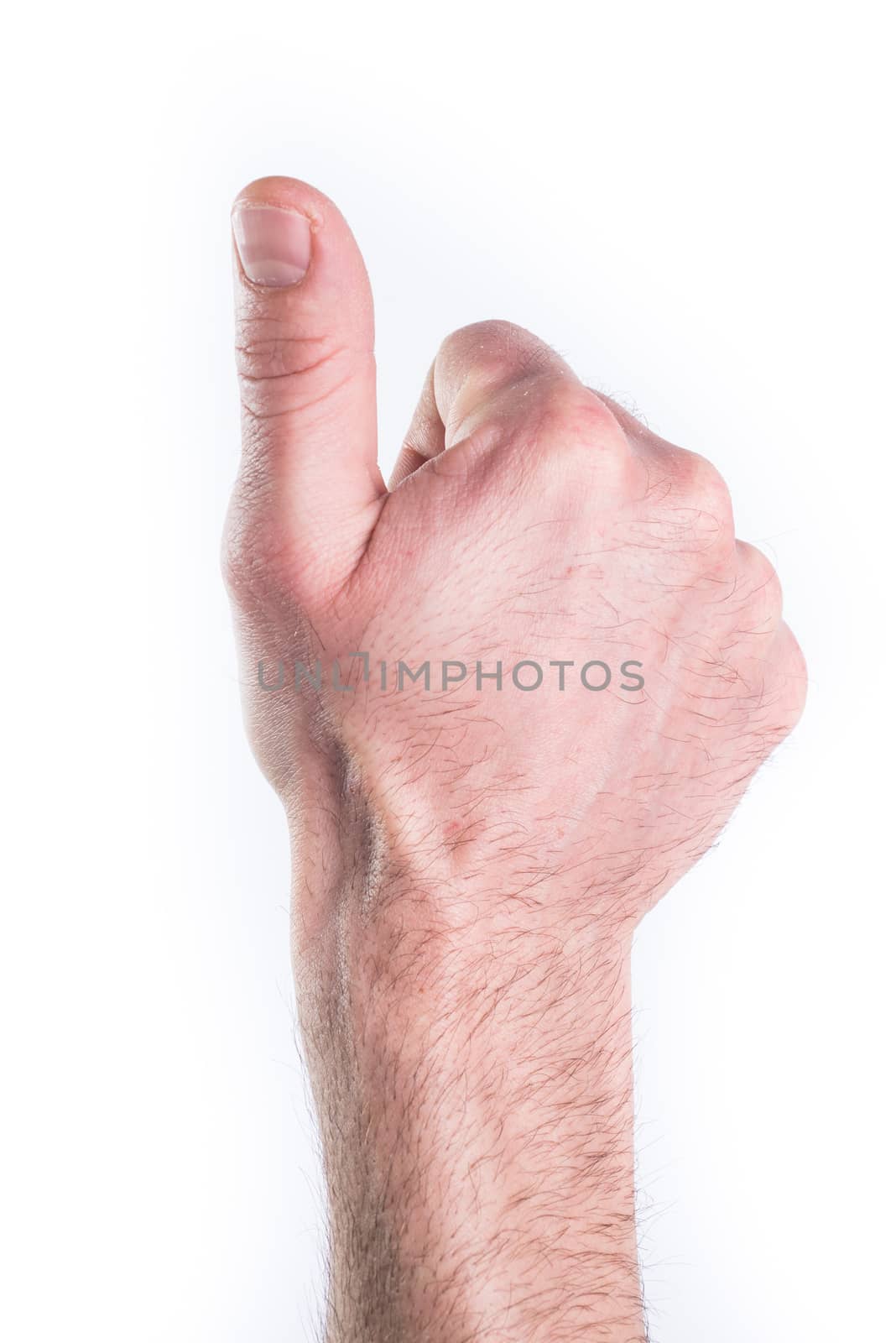 Man's hand miming thumb up like on white background
